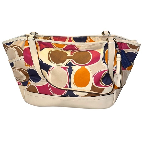 Coach Handbags - Coach Tote Multicolor Part Op Art Satin and Leather Carrie Bag CC